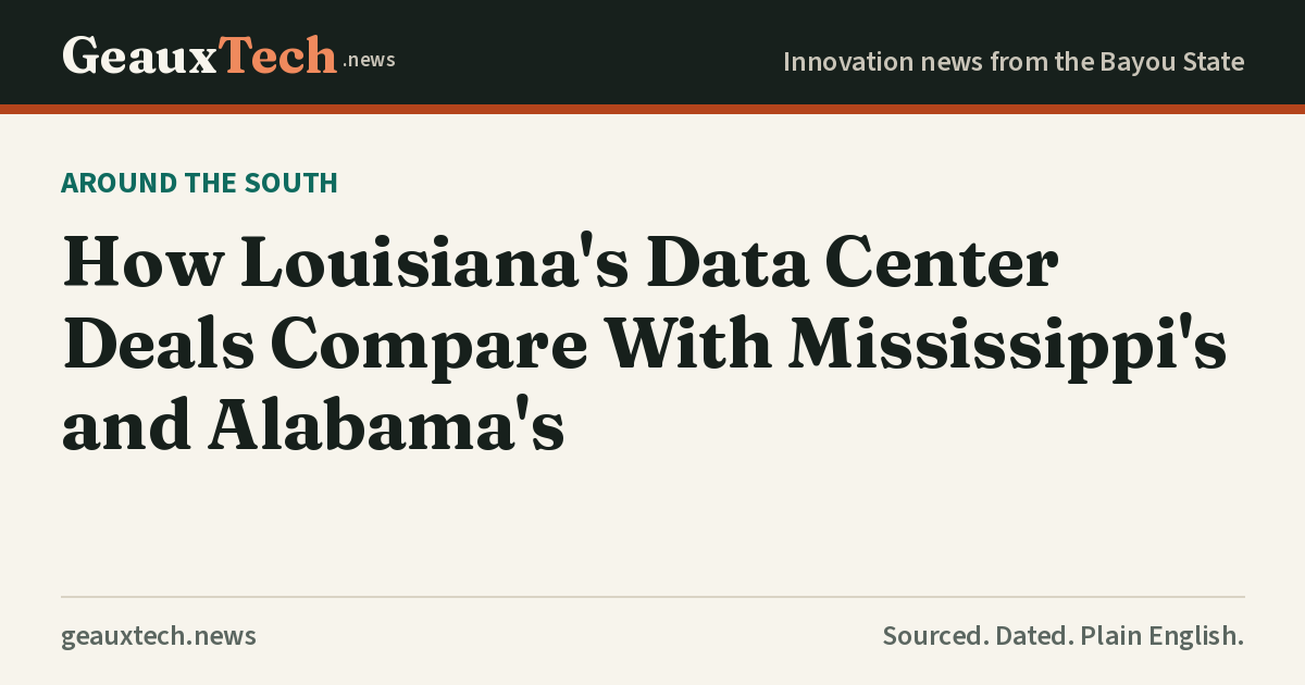 GeauxTech title card comparing data center deals in Louisiana, Mississippi and Alabama