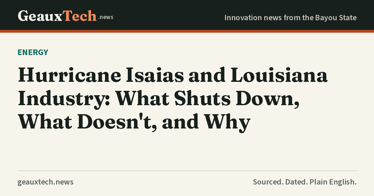 GeauxTech title card explaining Hurricane Isaias and Louisiana industry