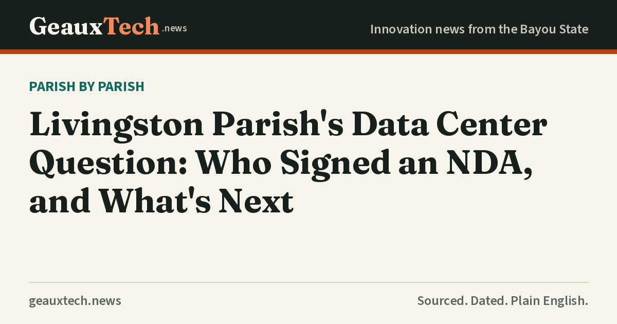 GeauxTech title card for the Livingston Parish data center story